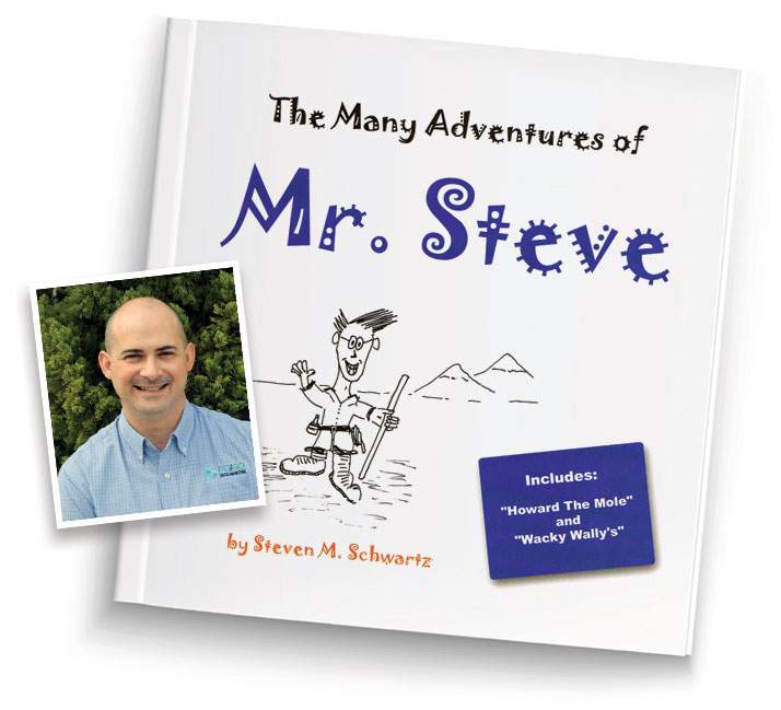 Cover of The Many Adventures of Mr. Steve book with a drawing of Mr. Steve waving in front of Mountains. 